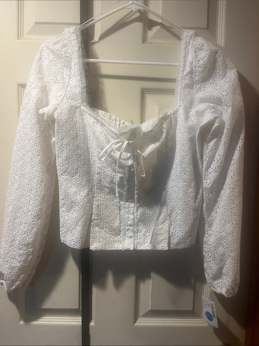 Joie White Eyelet Lace-Up Puff Sleeve Corset Blouse